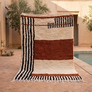 modern-moroccan-rug-cream-rust-black-tribal-pattern-rug Authentic Moroccan Berber Rug, Handwoven Wool Area Rug, Neutral Boho Living Room Carpet, Geometric Decor
