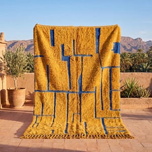 moroccan-area-rug-blue-gold-handwoven Handmade Beni Ourain Red Rug – Authentic Moroccan Red Rug, Geometric Design, Boho Home Decor