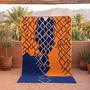 navy-blue-berber-rug-geometric-moroccan-shag-rug-modern-boho-decor Handmade Beni Ourain Wool Rug – Moroccan Berber Boho Carpet, Blue Orange Geometric Design