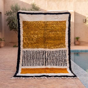 plush-moroccan-tribal-rug-handmade-berber-floor-carpet Mustard Yellow Beni Ourain Rug | Black Geometric Striped Moroccan Wool Rug | Handwoven Berber Area Rug | Tribal Handmade Carpet | Teppich