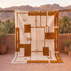 unique-geometric-rug-moroccan-rug-9x12-boho-home-rug Beni Ourain Rug, Plush creamy wool base with brown geometric motifs, Berber Rug, Home Decor Rug.