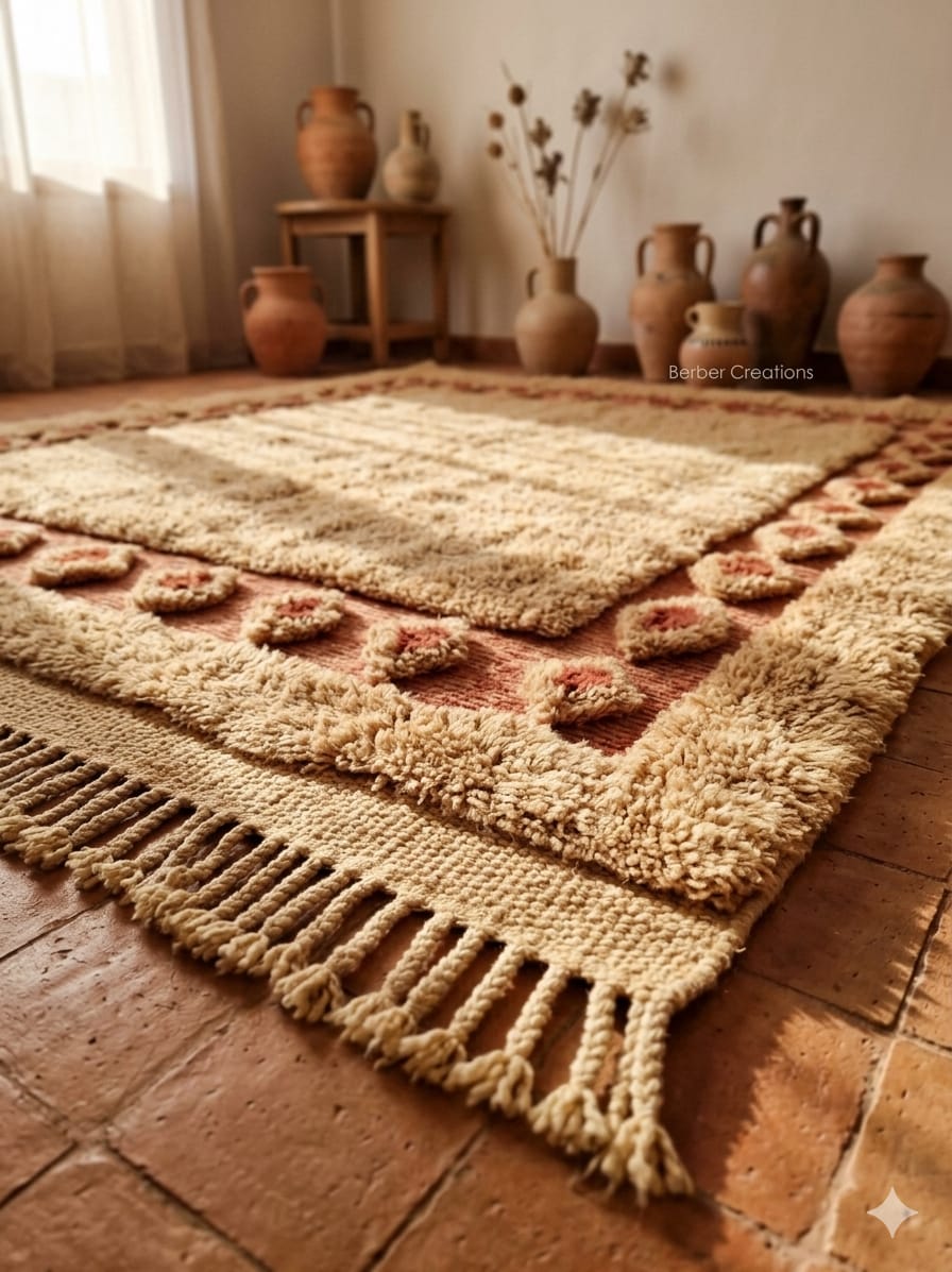 Gemini_Generated_Image_6wm1nk6wm1nk6wm1 Handmade Moroccan Berber Rug | Plush Beige Wool Area Rug with Tribal Red Border | Boho Luxury Home Decor Carpet for Living Room & Bedroom