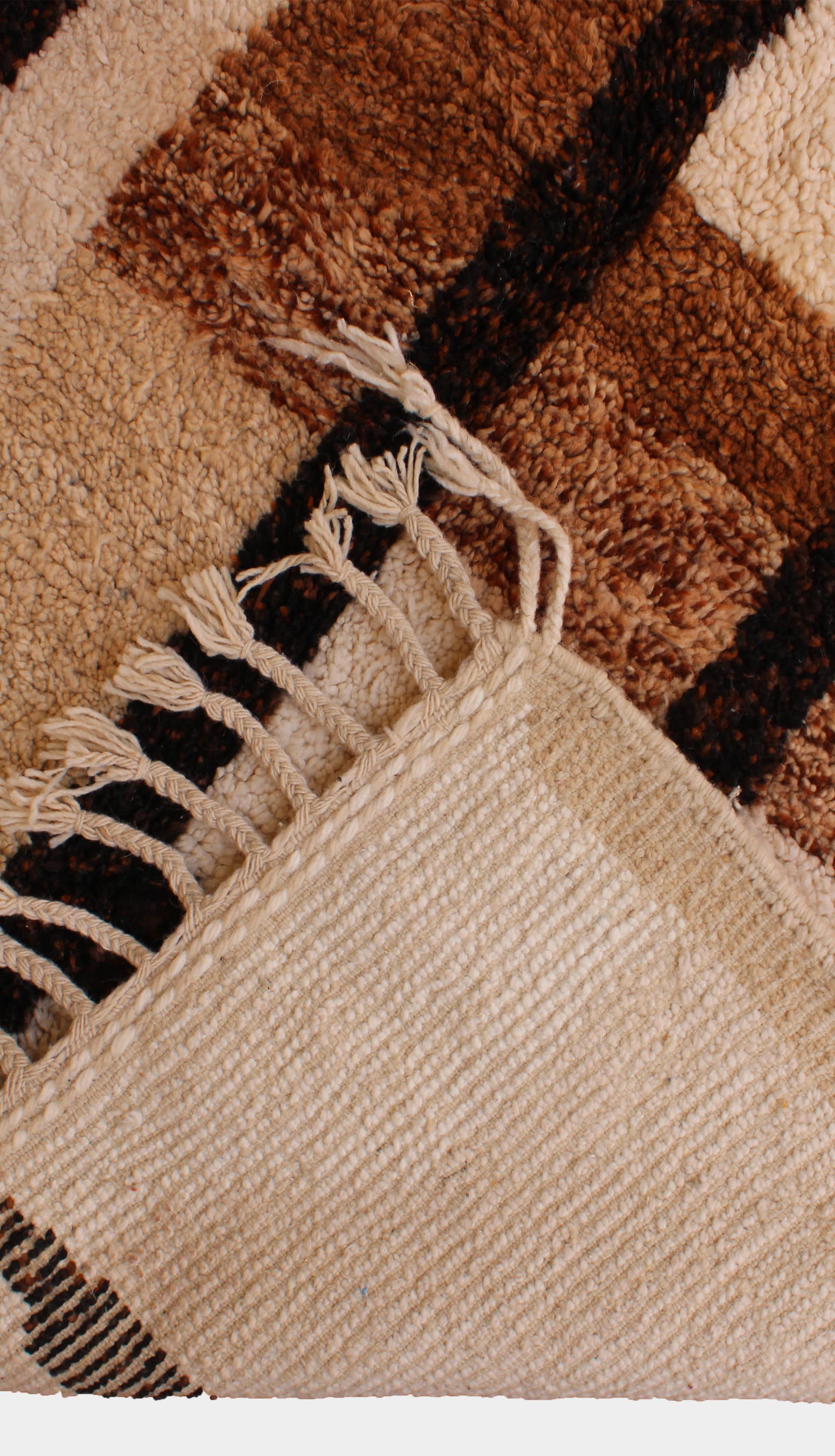 brown-tribal-berber-area-rug Brown handmade Moroccan area rug with tribal patterns texture detail